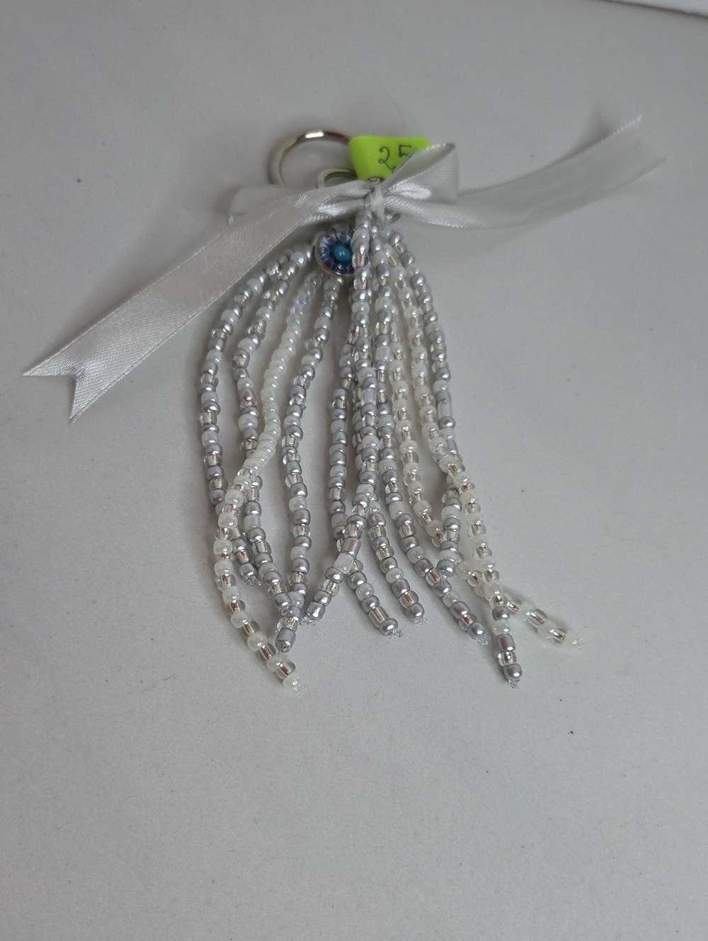 25 - Beaded Tassel Bag Charm - Silver and White